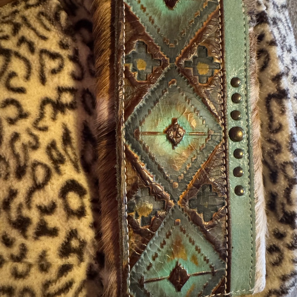 Turquoise and Brown hair on hide wallet